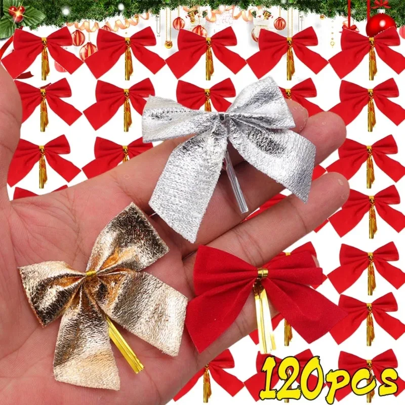 12/120pcs Christmas Bow Mini Red Gold Velvet Bowknot Pendant Ornament Home Party Xmas Tree Wedding DIY Craft Decoration Supplies
