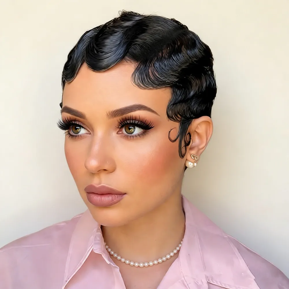 

Натуральный черный цвет, парик для женщин, для повседневного использования и вечеринок, парик с прической пикси, машинная работа, короткий парик с волнистыми прядями, парик из натуральных волос, парик пикси.