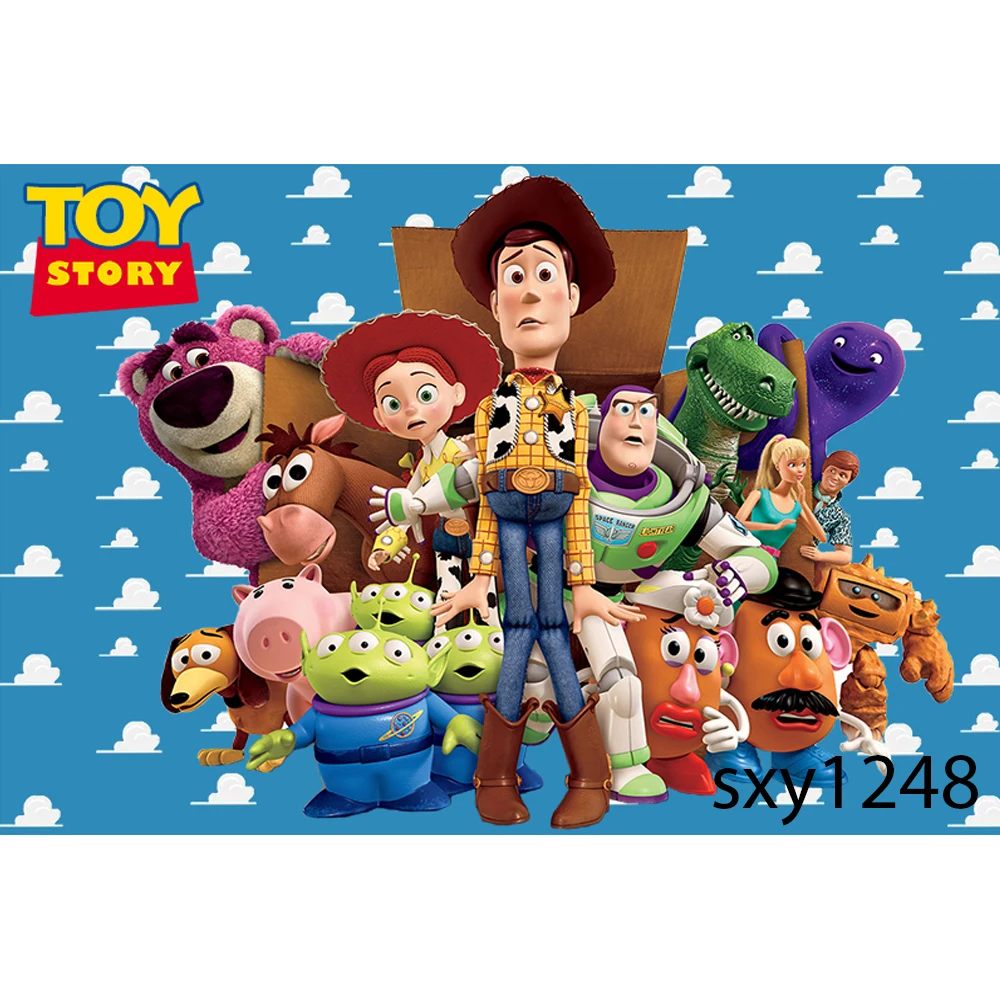 Fondo de fotografía para fiesta de cumpleaños con tema de Toy Story para niños, telón de fondo de dibujos animados de Woody Buzz Lightyear, estudio fotográfico
