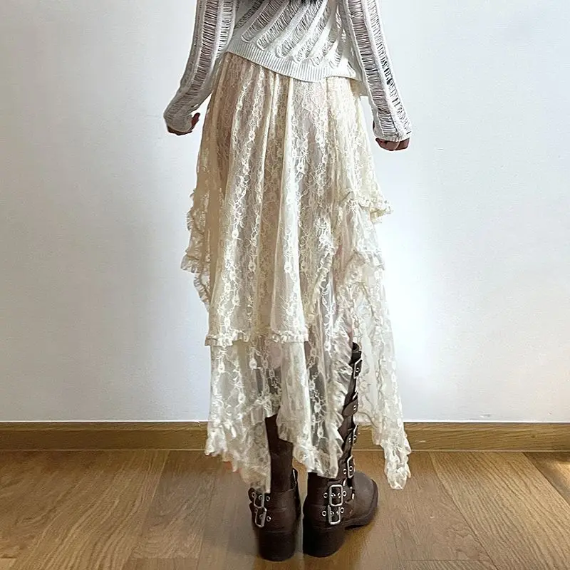 Kobiety Vintage Sexy See Through Ruffle Lace Asymmetrical Fairy Midi Skirts 2024 Summer Female Solid High Waist Y2K Harajuku Skirt