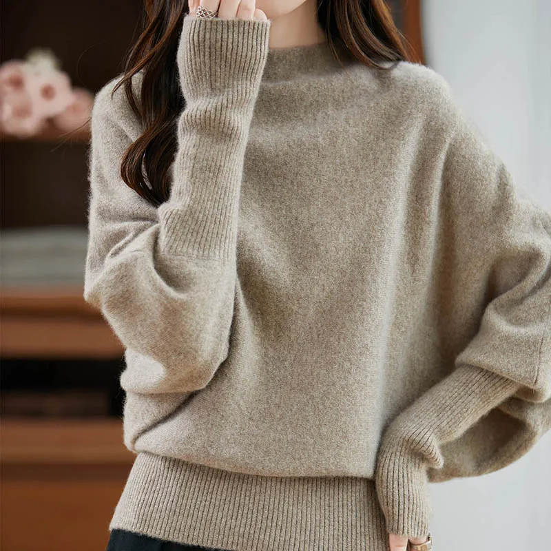 One-Neck Sweater Women's Clothes 100% Merino Wool Fashion Loose Pullover Women's Autumn and Winter Threaded Knit Top