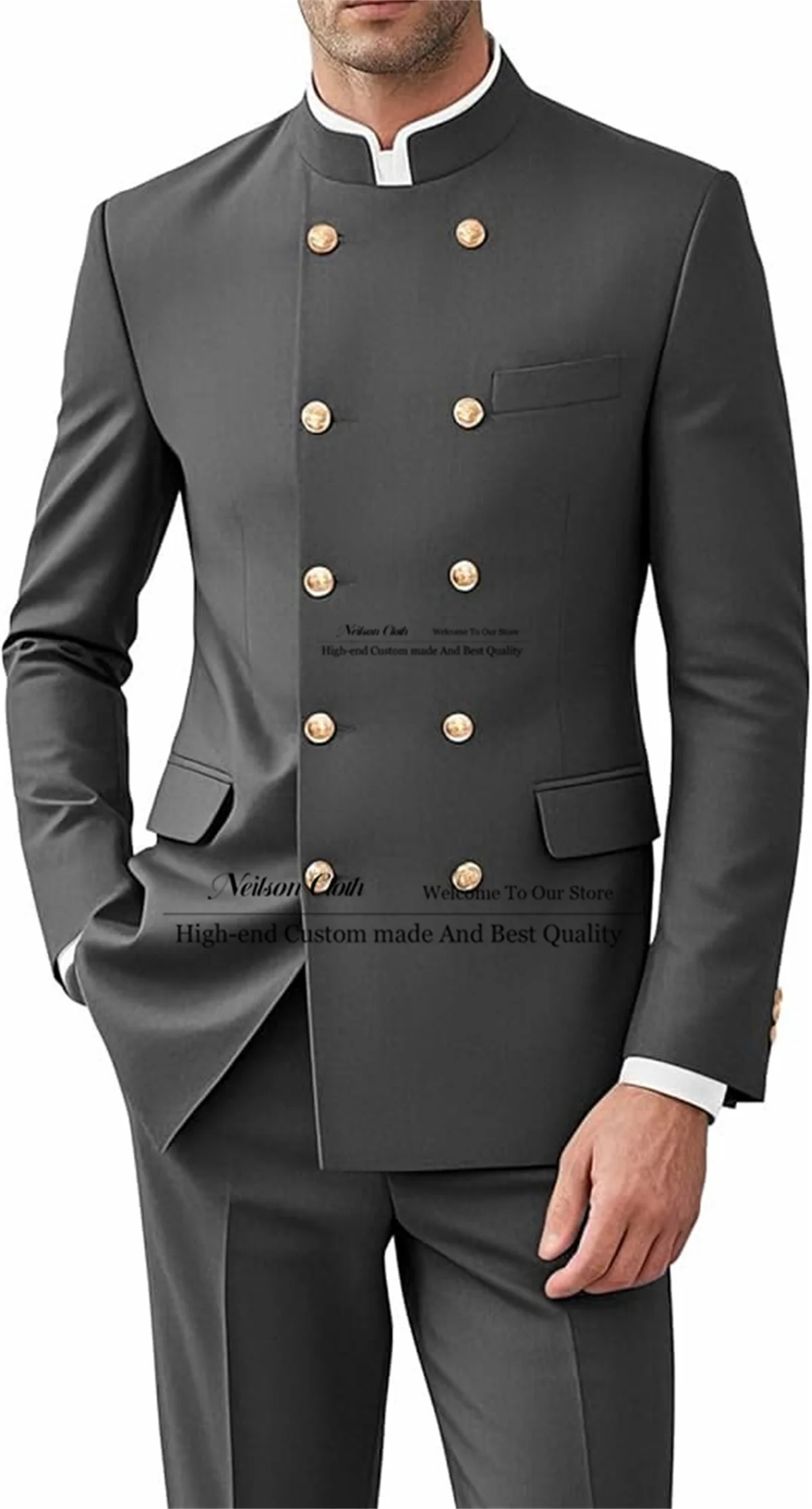 

Dark Grey Male Prom Blazers 2 Pcs Sets Double Breasted Groom Wedding Tuxedos Business Stand Collar Customized Costume Homme