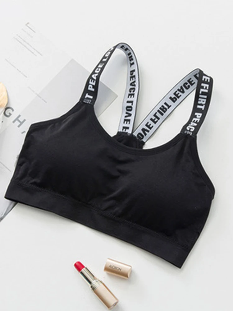 English Letter Tape Wrapped Chest Seamless Steel Ring Free A Sports Bra Female Backing Tape English Letter Sports Bra New Style