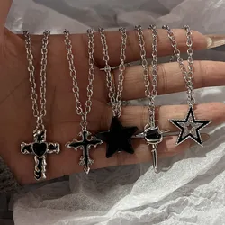 Punk Rock Black Heart Cross Pendant Chain Necklace For Men Women Cool Hip Hop Street Vintage 90s Y2K Grunge Goth Accessories