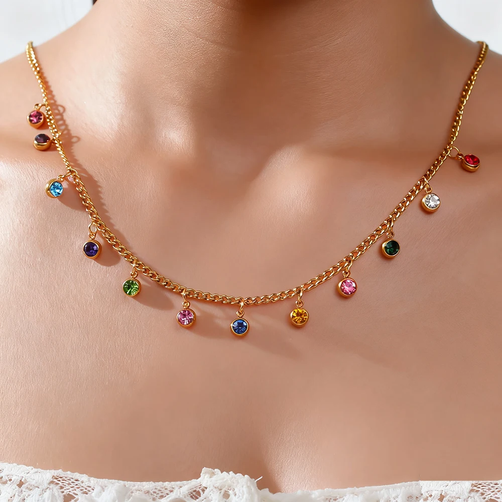 Skyrim 12 Birthstone Zircon Pendant Necklaces Women Stainless Steel Gold Color Clavicle Chain Jewelry Birthday Gift Wholesale