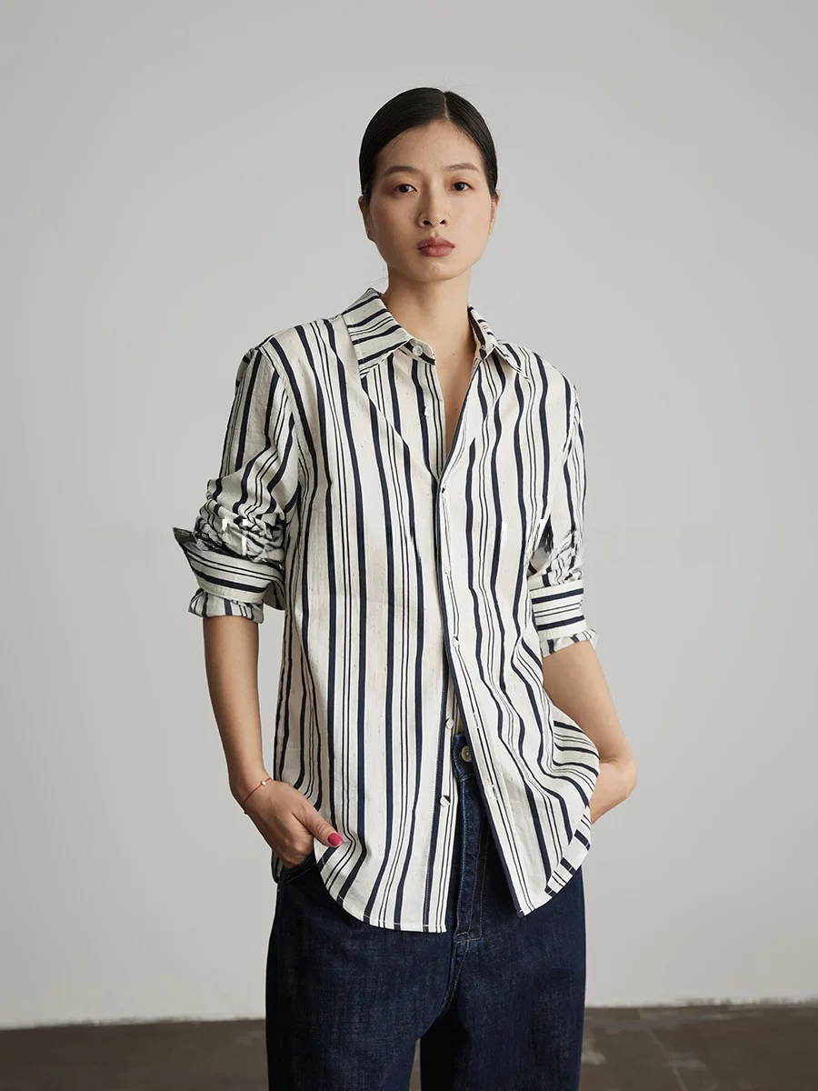 

Loose Fit Striped Color Woven Long Sve irt Collared Women's Top Ordinary times New 2025 Summer UV Protection Cotton Blend