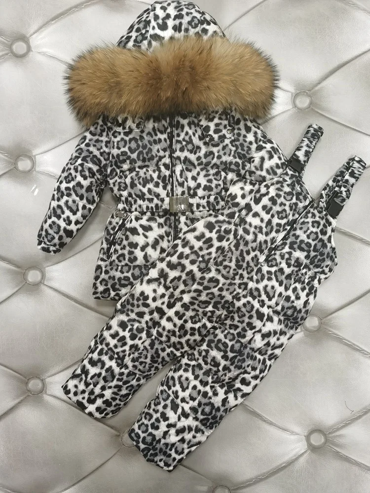 Winter European American Children\'s Down Jacket Kids Winter Clothes Set with Thickened Real Fur Collar Warm Two-piece Set