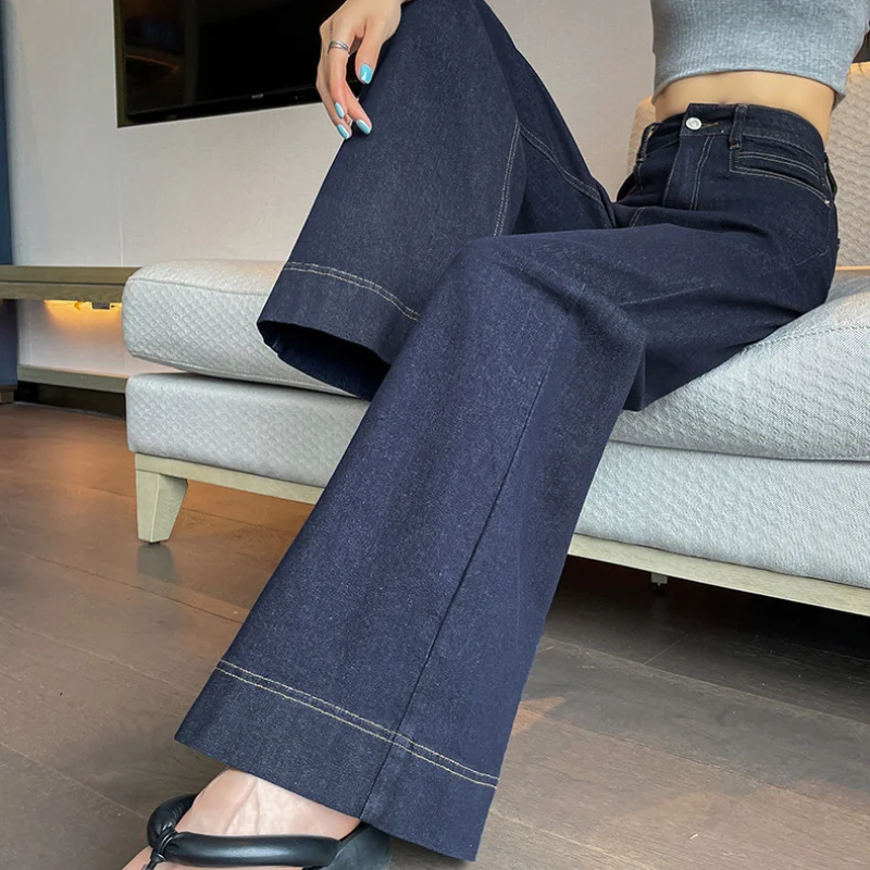 Calça jeans azul profundo elegante e casual para mulheres slim fit nova tendência ajuste solto emagrecedor perna larga calça reta