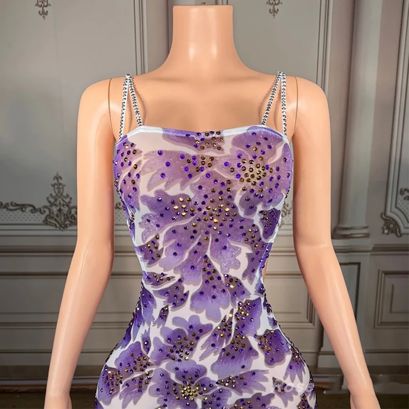 Frauen Hochzeit Outfit Lila Gold Strass Festival Kleid Feiern Abendkleider Bühne Nachtclub Bar Bühne Tragen XS10167