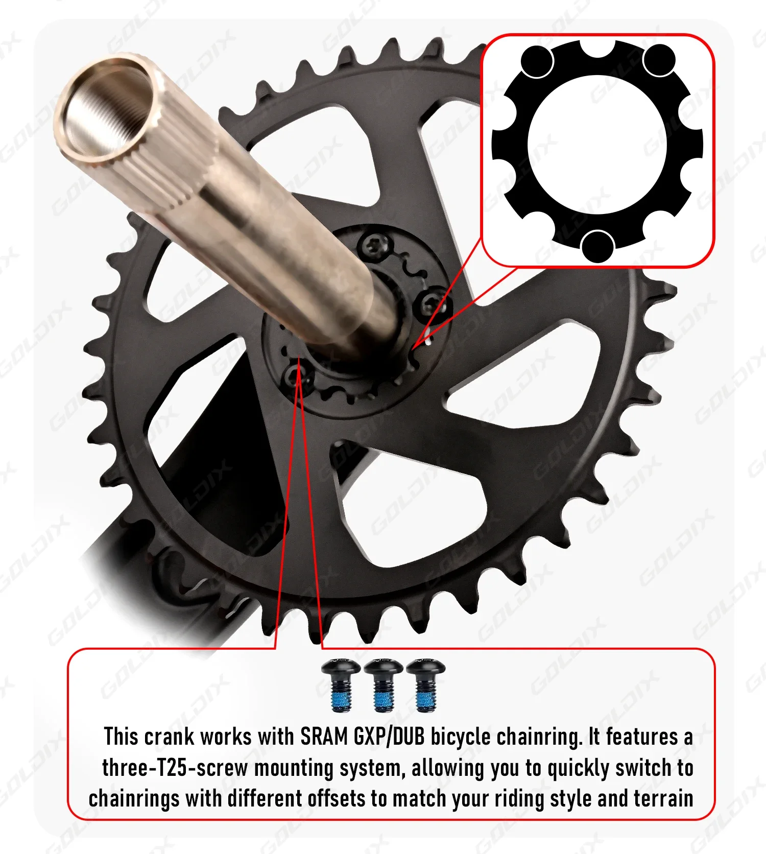 GOLDIX 3-Bolzen-Direktmontage MTB-Kurbelgarnitur 165/170/175mm Geschmiedete Legierung Hochfester Kurbelarm Schmal-Breit-Kettenblatt für MTB-Fahrrad – Detail 7