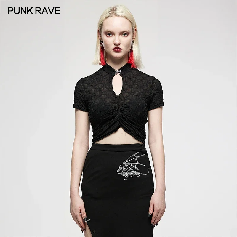 PUNK RAVE Women's Dark Chinese Style Asymmetrical Cheongsam Collar Minimalist Halterneck Vest Slim Sexy Tops Woman Clothes