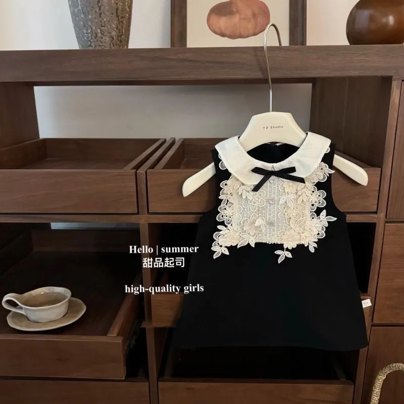 

Детское черное платье для девочек, французский стиль, весна-осень, с воротником-стойкой, нарядное платье-сарафан для дня рождения