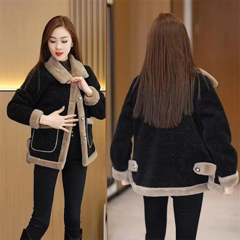 Women\'s Winter New Lamb Wool Jacket Fashion Woolen Jacket 2024 Spring Female\'s Fur Outwear Slimming and Plush Thickened Coat 6XL