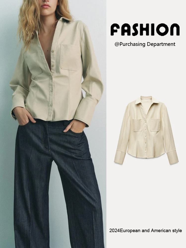 Csa de Couro Sintético de Manga Longa na Moda Fena Slim Fit com Gola de Aba Botões Nova Chegada Outono 2024 92872