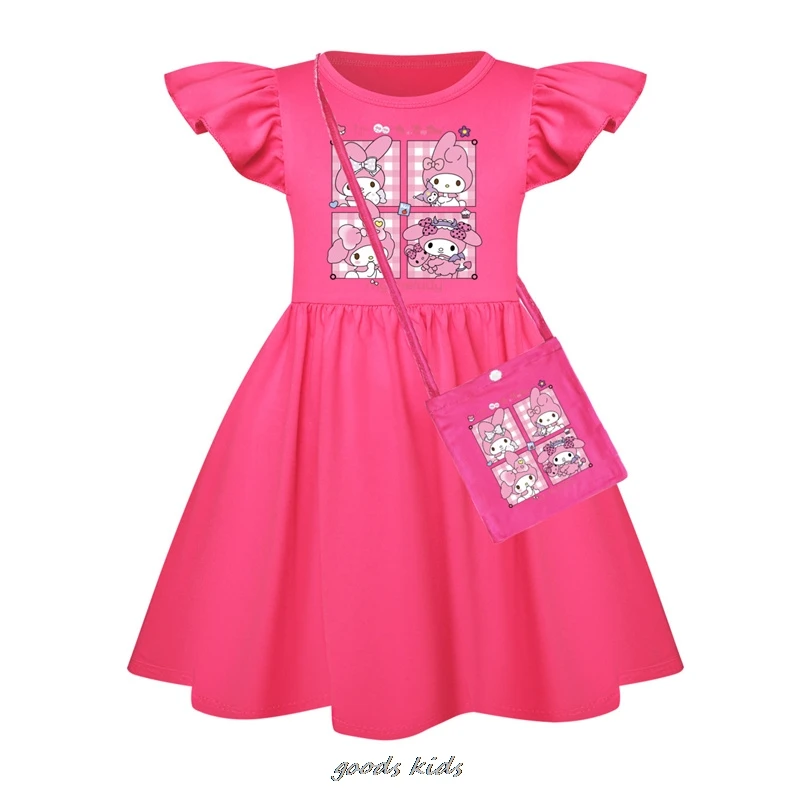 Lovely Kuromi Melody Baby Girls Dresses Kids Clothes Cosplay Costume Children's Summer Fly Sleeve Casual Dress +Small Bag