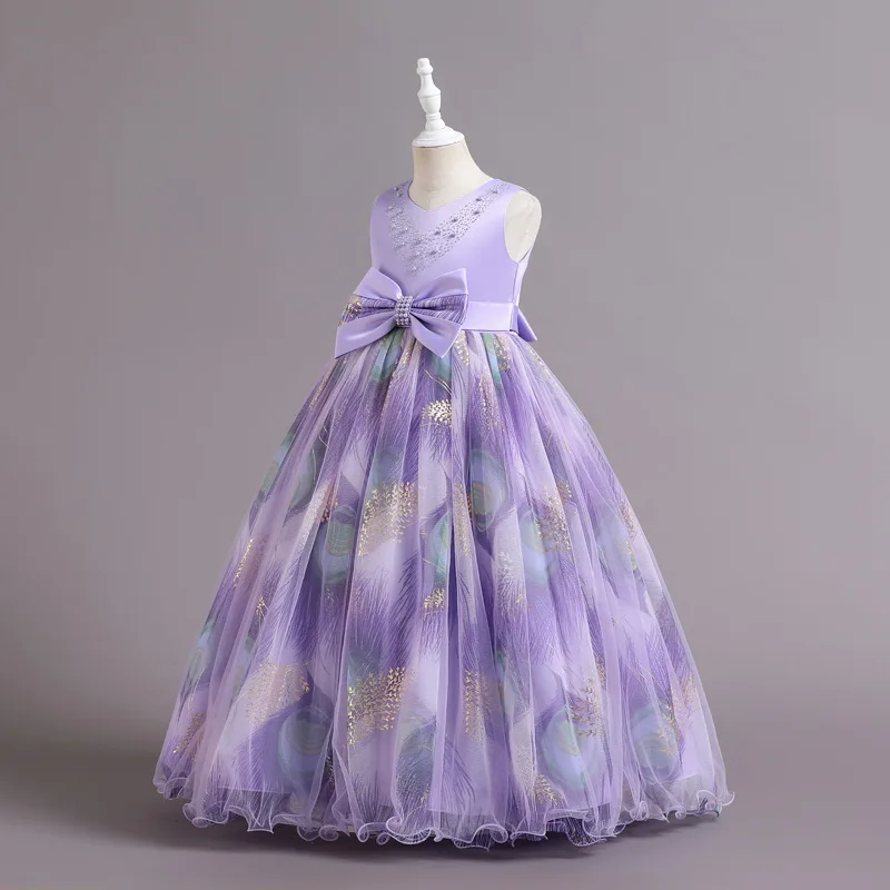 New Children Elegant Dress Young Girl Long Holiday Dresses Print Girl's Festive Clothes From 5 to 14 Years