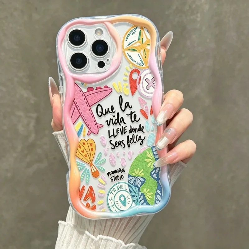 Graffiti Travel Airplane Pattern Phone Case For iPhone 18 17 16 15 14 Plus 13 12 11 Pro Max 16e 17e Transparent Wave Soft Cover
