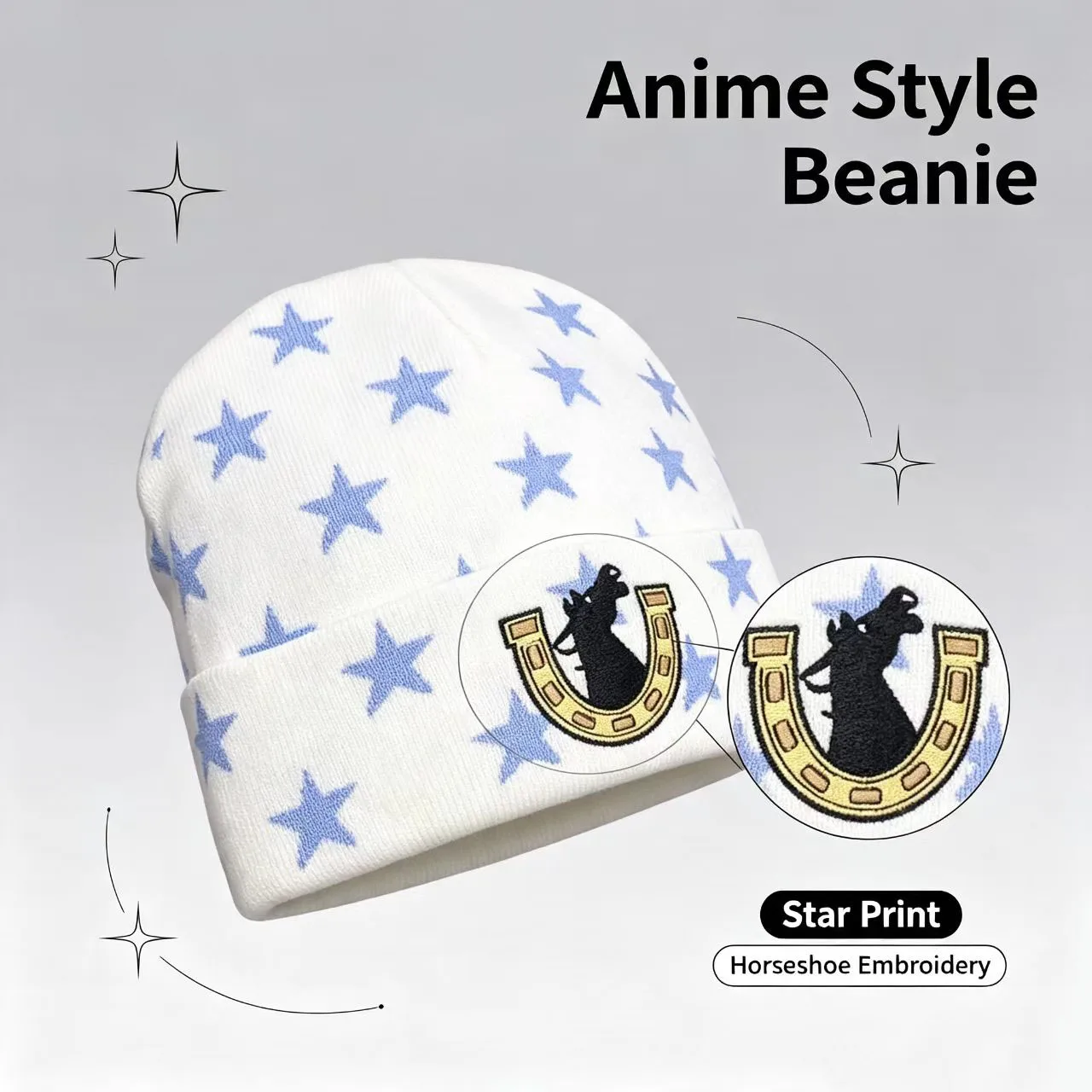 Anime Star Print Beanie Hat Horseshoe Horse Embroidery Cuffed Skullcap Soft Streetwear Cosplay Costume Prop Outdoor Knitted Cap
