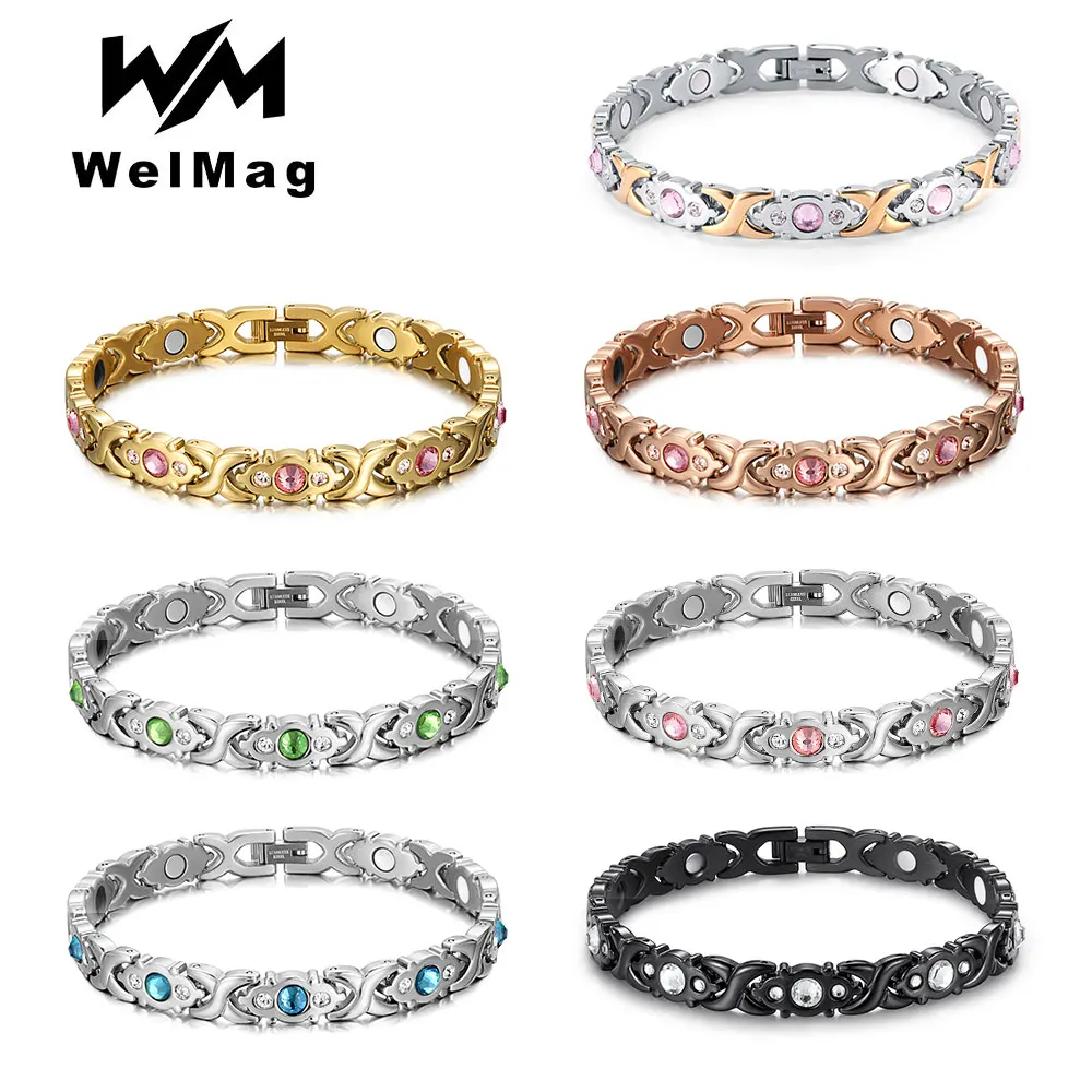 WelMag Healing Magnetic Health Bracelets For Women Stainless Steel Bangle Germanium Bio Energy Chain Crystal Design Accessories