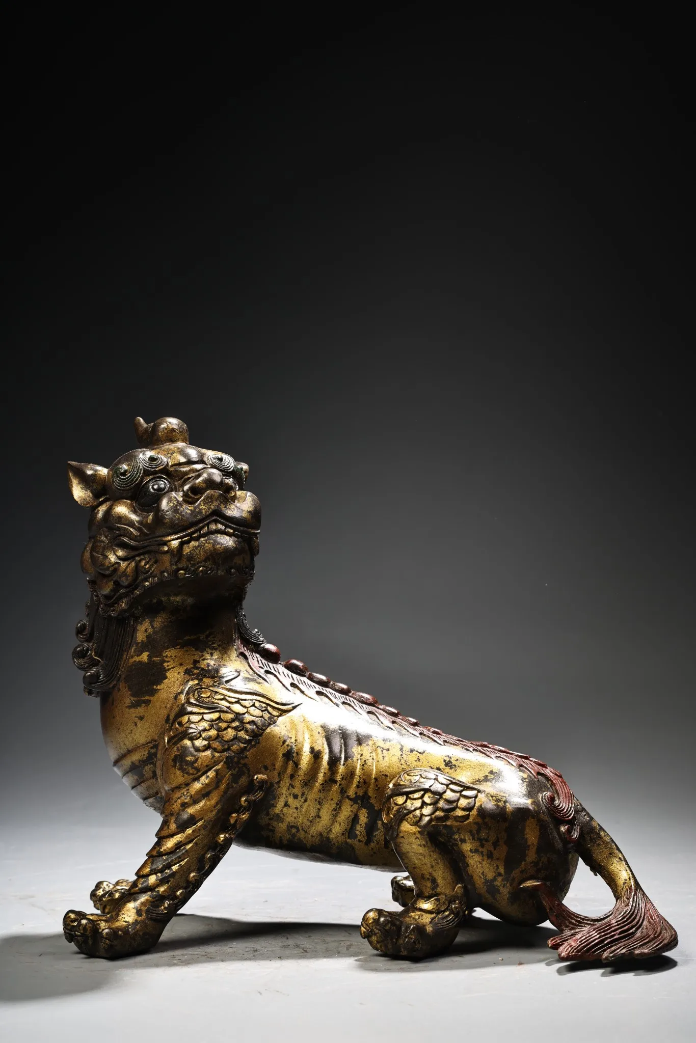 

9"Tibetan Temple Collection Old Bronze Gilded Cinnabar Unicorn Divine Beast to listen attentively Amass wealth Ornaments