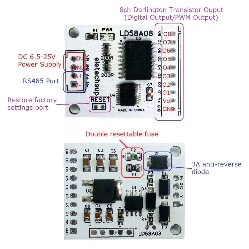 8ch RS485 Modbus RTU DO/PWM Output Multifunction MOS Driver Board for Multilayer Signal Lights LED Relay Solenoid Valves Motor