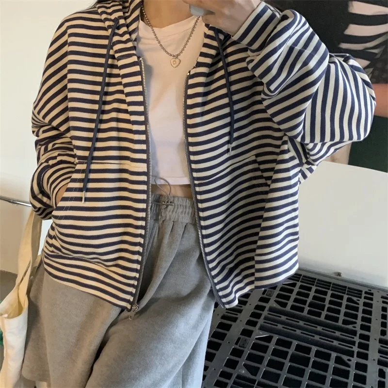 Fashion Fashion Zipper Hood Sweatshirt Women Autumn And Winter Stripes Long Sleeve Crop Tops Casual Y2K Streetwear Harajuku Jackets Coat - Aliexpress Deal