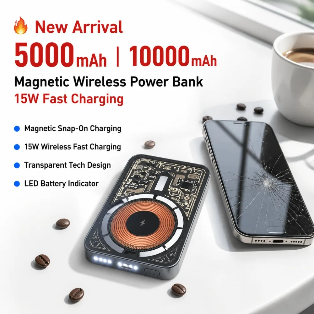 5000mAh/10000mAh Magnetic Power Bank, 15W Mini Wireless Fast Charger, Ultra-Thin Transparent LED Display Battery Pack PowerBank