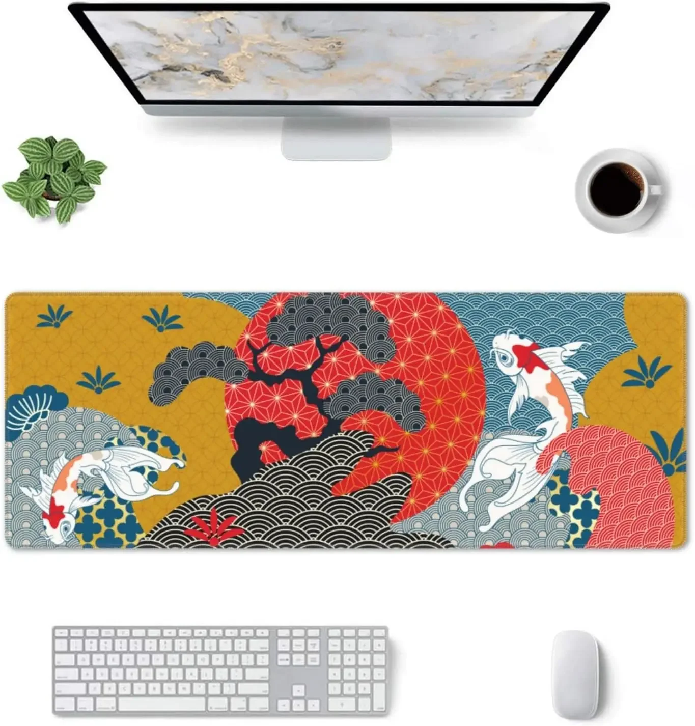 كوي سمك الشبوط لوحة ماوس كبيرة لطيف مضحك زهرة ساكورا وموجة المحيط للنساء XL حصيرة مكتبية كبيرة لسطح المكتب 31.5*11.8 بوصة