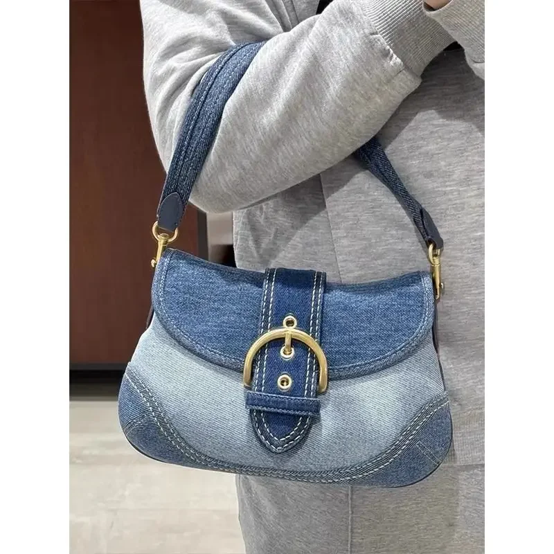 Women\'s Cowboy Underarm Bag 2024 New Fashion High end Texture Shoulder Bag Popular Commuter Retro Spliced Luxury Handbag