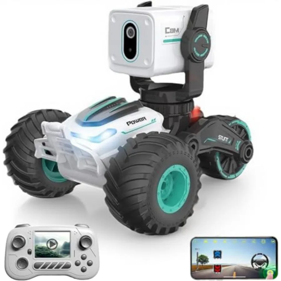 

Радиоуправляемая машинка с камерой 720P HD FPV, двусторонняя связь, вращение на 360°, светодиодные фонари, управление через приложение, регулируемая камера, 2 перезаряжаемые батареи