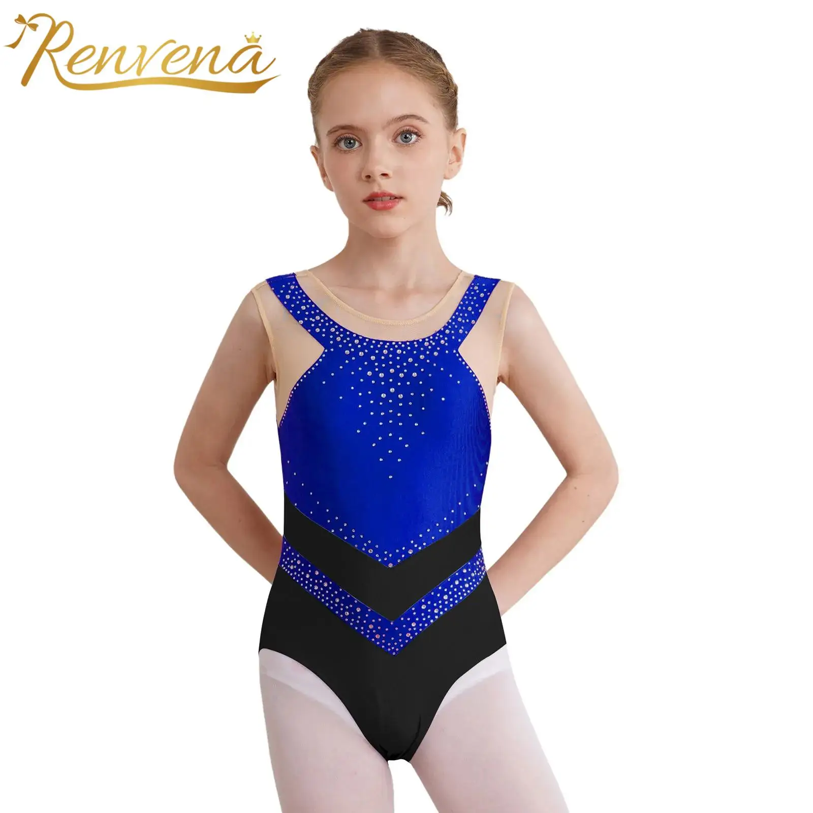 Kids Rhythmic Gymnastics Jumpsuit for Girls Figure Skating Bodysuit Color Block Sheer Mesh Patchwork Sleeveless Ballet Leotard