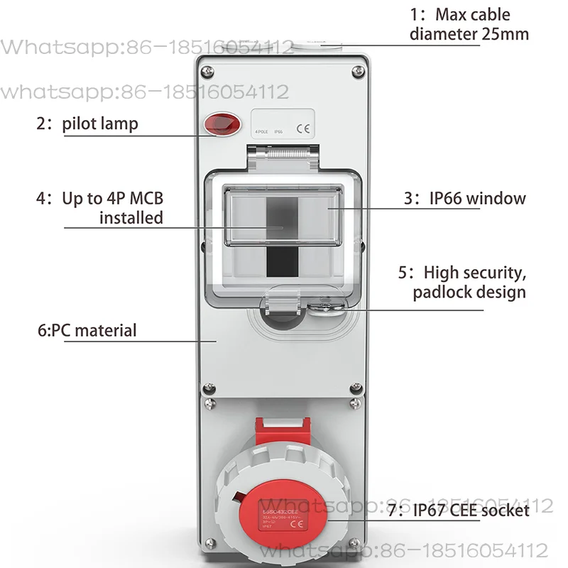 

Waterproof CEE Socket 3Pin 32a Outlet Combination Switched Socket With Circuit Protection EV charge socket