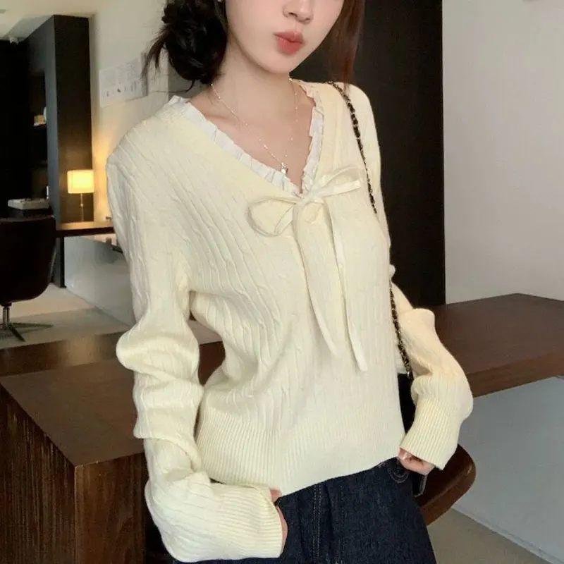 

Fashionable Drawstring Bow Pullovers Women's Clothing Korean Solid Color Autumn V-Neck Ruffles Spliced Slim Knitted Sweaters New