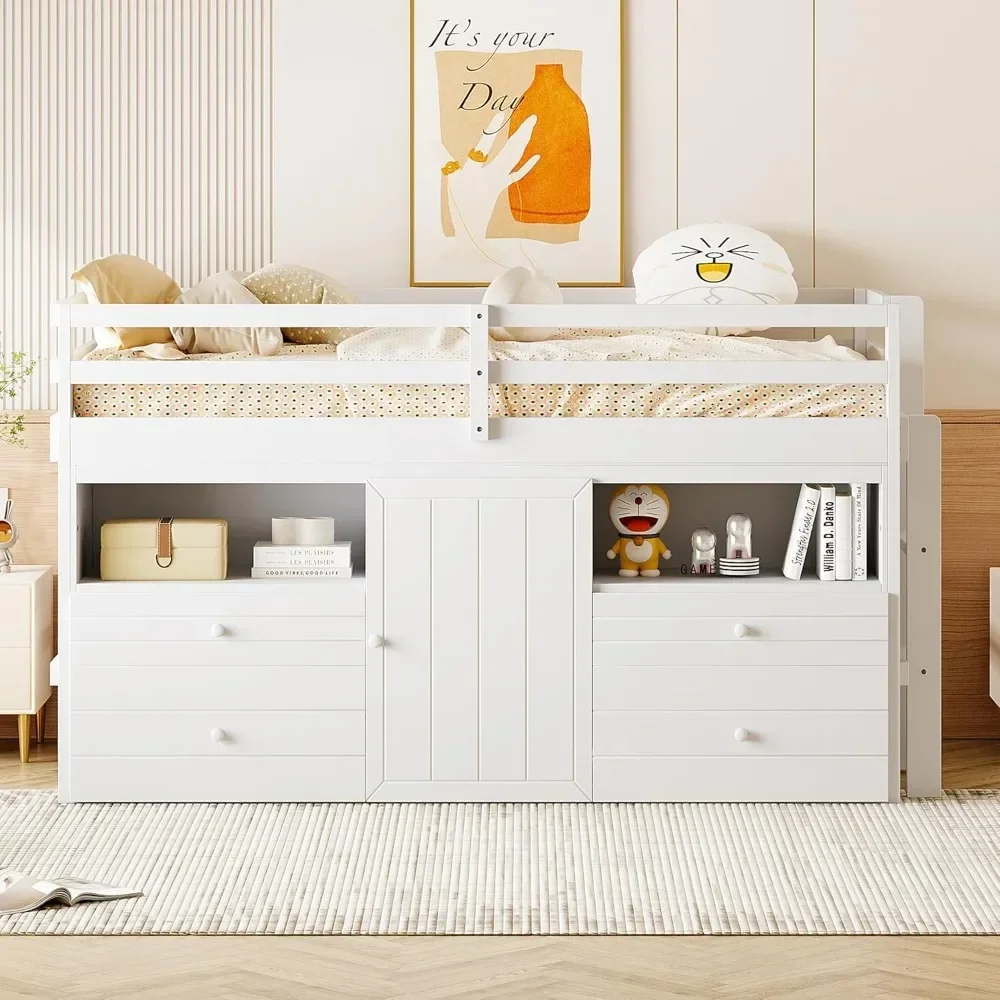 Low Loft Bed for Kids,Wood Twin Loft Bed with Storage Drawers,Underneath Cabinet and Shelves,Low Loft Bed Frame for Junior