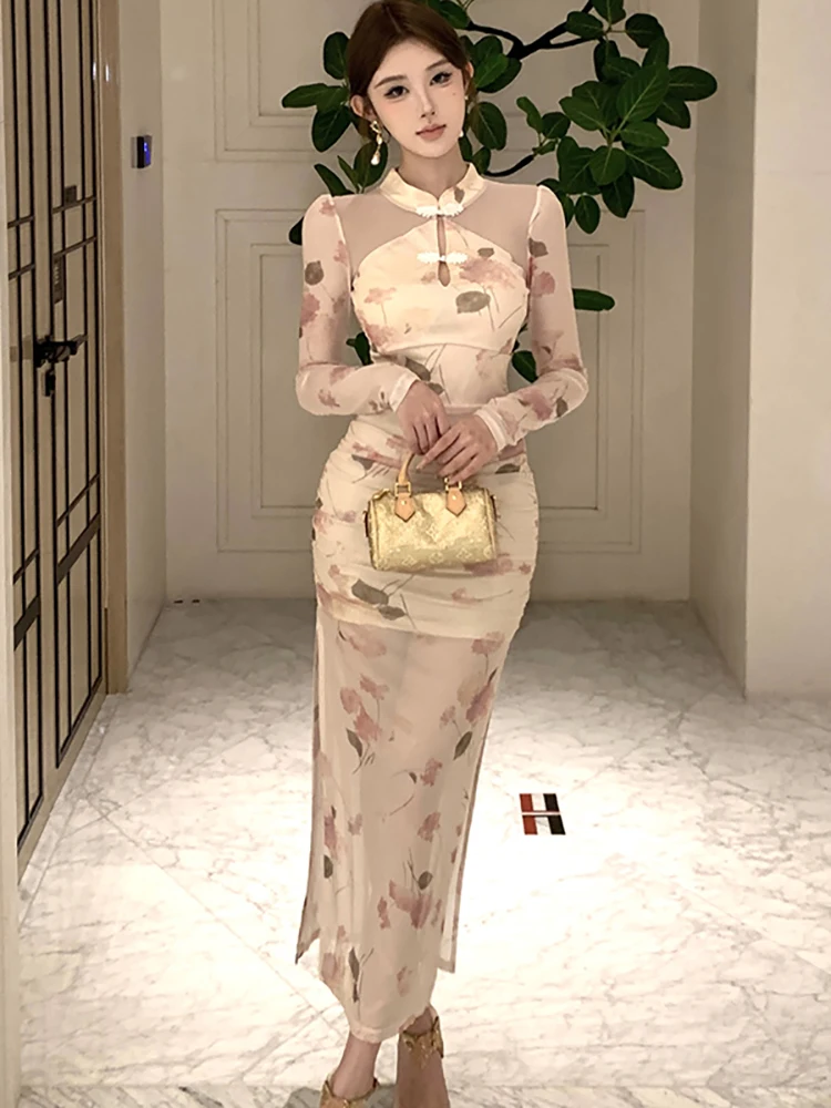 

Autumn Winter Floral Mesh Casual Home Dress Women Fashion Chic Patchwork Hollow Out Sexy Dress 2025 Korean Luxury Evening Dress