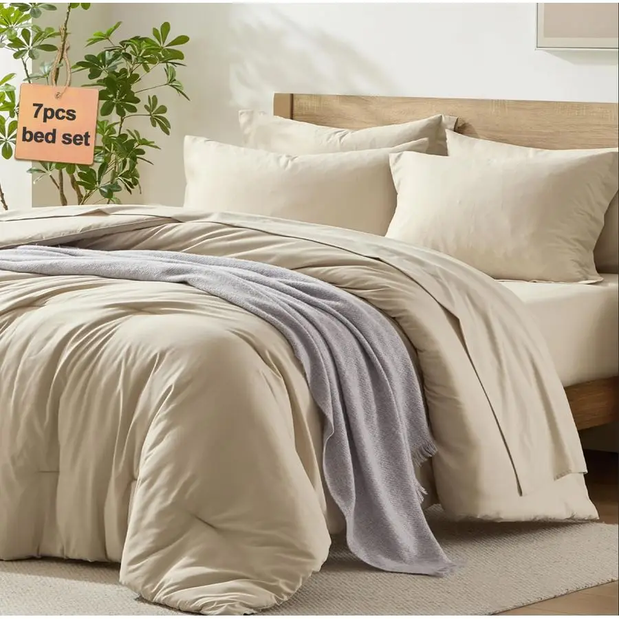 

King Size Comforter Set 7 Piece, Beige Bed in a Bag King Size Bed Set Lightweight and Machine Washable