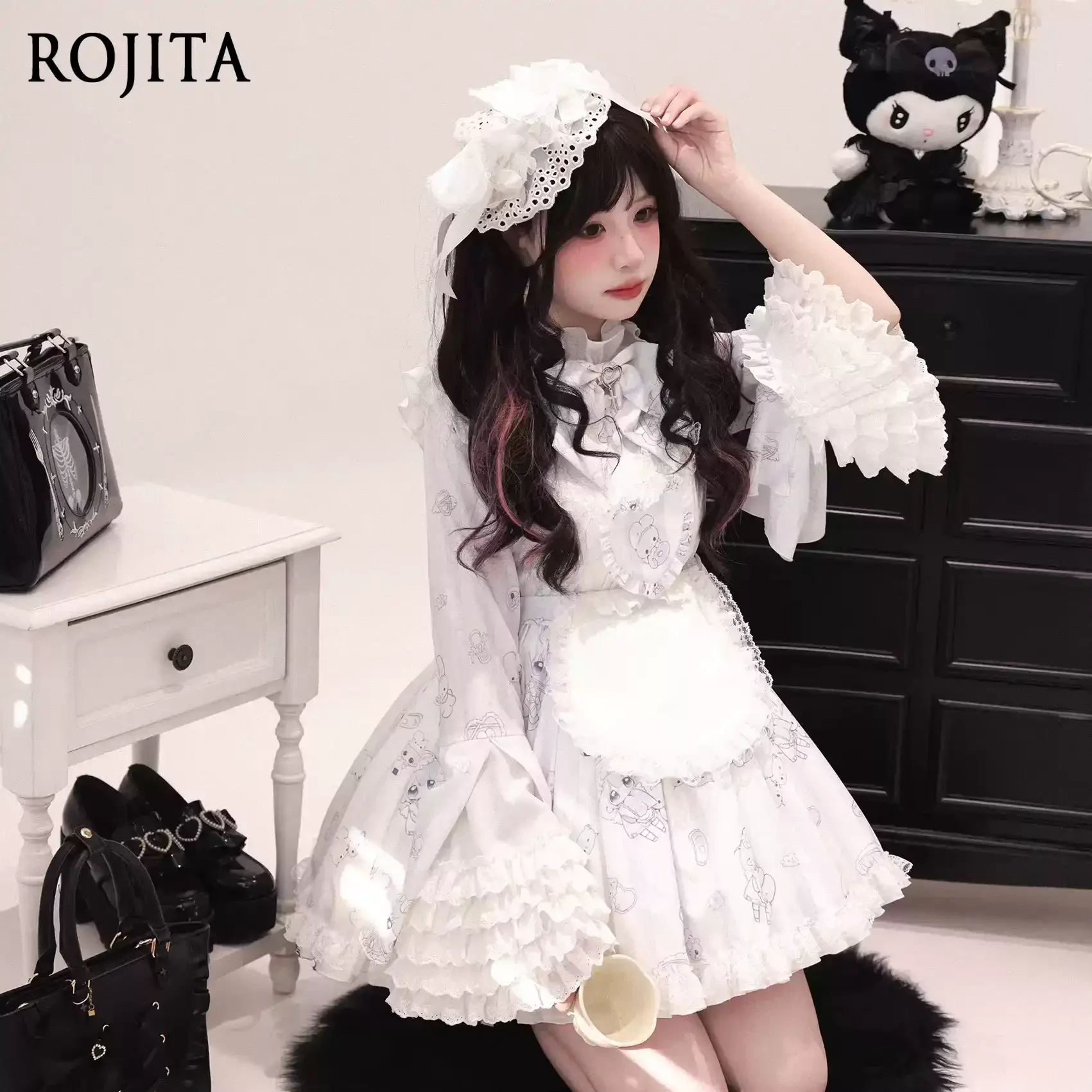 Japanese Cute Cartoon Printed Bow Lace Pleated Stand Up Collar Horn Long Sleeved Fake Two Pieces Lolita Dress Shorts Suit Women