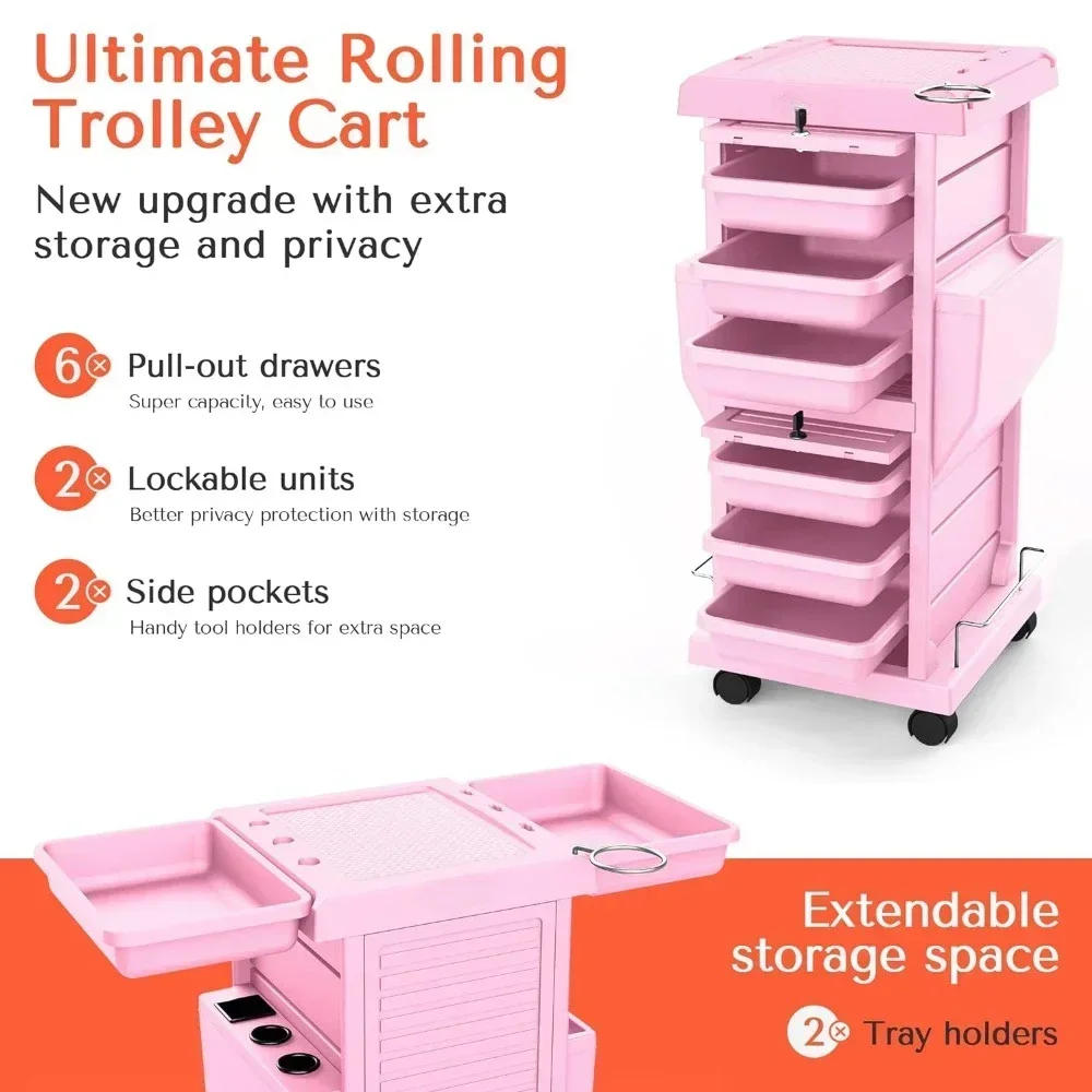 Rolling Cart for Salon Stations - Space Saving, Lockable 6 Tray Salon Trolley with 2 Tray Holders - Hair Beauty Cart Upgrade