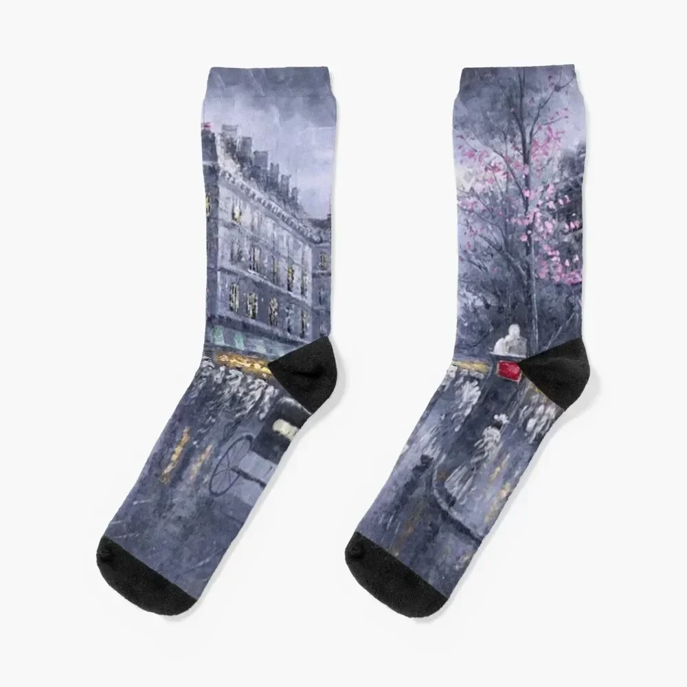 

City of Lights, Eiffel Tower, Twilight Paris, France Street Scene landscape painting Socks colored luxe Socks Man Women's