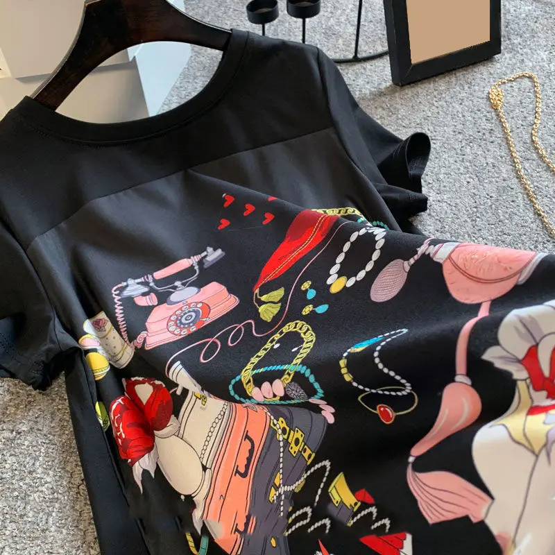 Robe t-shirt à manches courtes et col rond pour femme, vêtement surdimensionné, bureau, Patchwork, mode d'été, imprimé, ample, décontracté