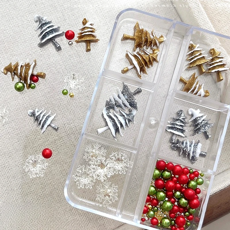 

Vintage Christmas Tree Ball Transparent Snowflakes Rhinestones Wreath Bowknot Pearl Star Nail Art Accessories Decorations Tools