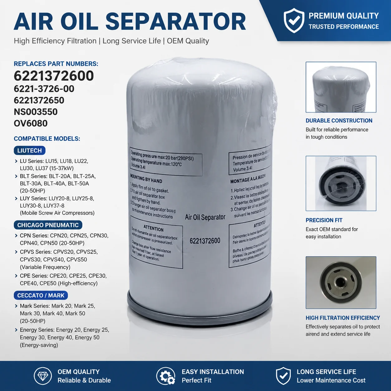 Separador de Aceite y Aire 6221372600, Reemplazo 6221-3726-00 NS003550 OV6080 para Liutech Bolete Chicago Pneumatic Ceccato 15-37kW 20-50HP