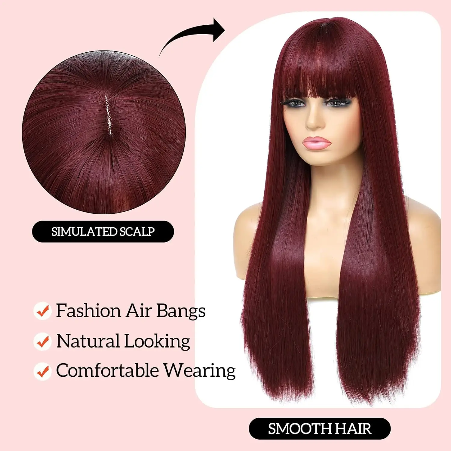 Синтетические парики винно-красного цвета, женские 26-дюймовые челки, натуральные длинные прямые волосы, повседневные вечерние косплей, чехлы на всю голову