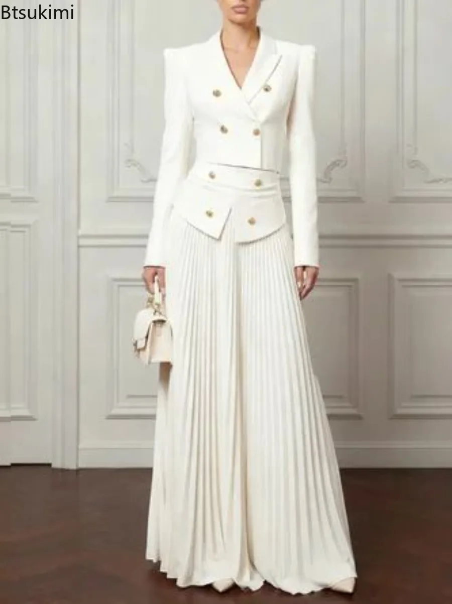 Women Elegant Two Piece Dress Set Long Sleeve Double Breasted Top + High Waist Flare Long Skirt Casual Office Party Dress Suit