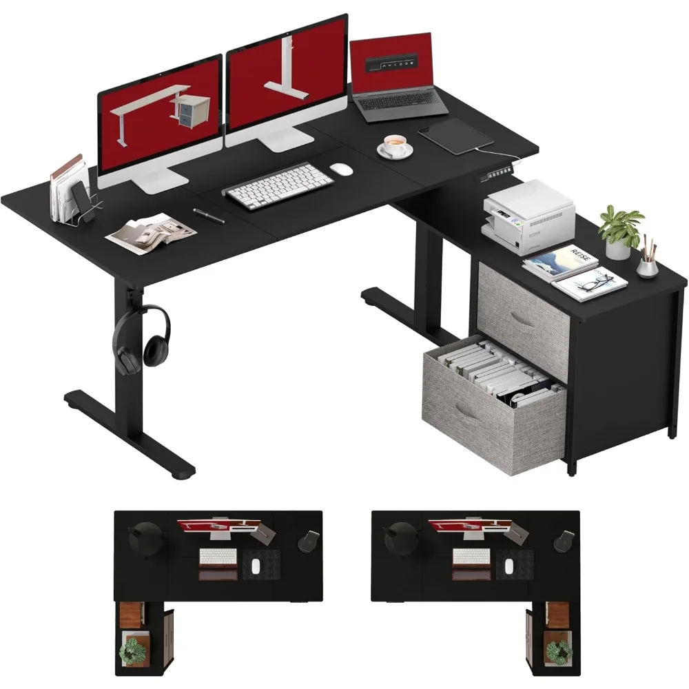 

63'' L Shaped Standing Desk with 2-Drawer File Cabinet, Electric Height Adjustable Stand up Desk w/USB Charge Ports