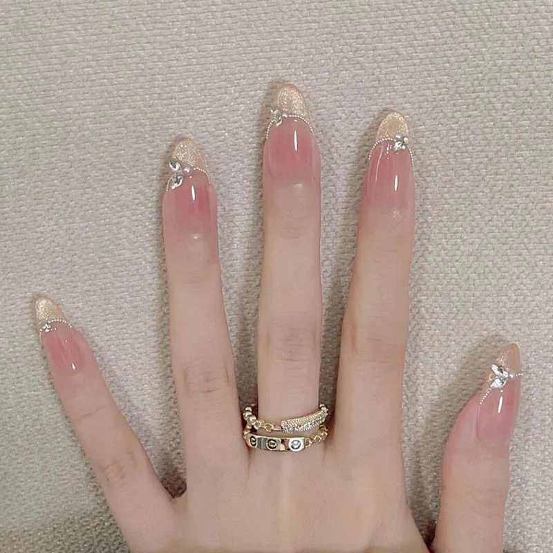 24Pcs Simple Glitter Almond False Nails with Glue Ballerina Nail Design Sweet Cool French Detachable Press on Nail Manicure Tips