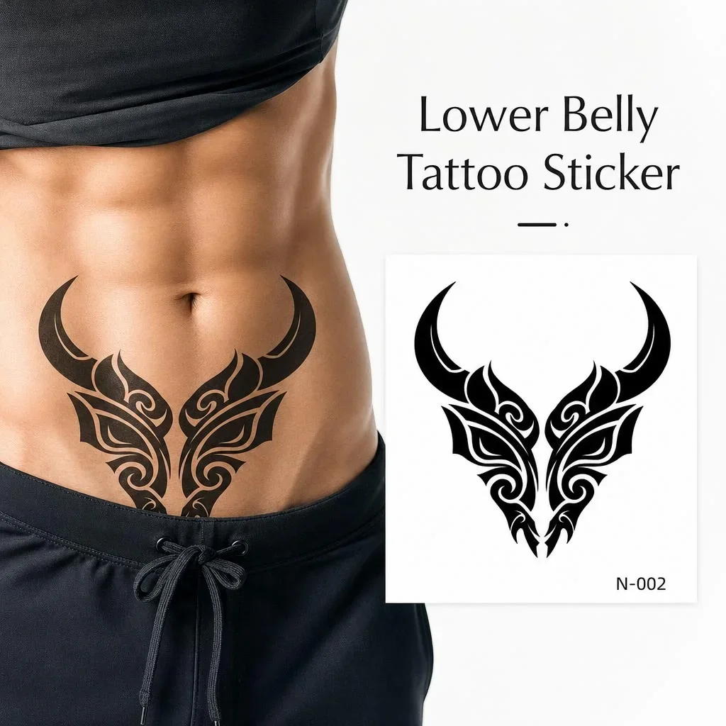 1 Sheet Per Pack Temporary Tattoo Sticker Black Waterproof Long Lasting Tribal Blackwork Flame Lower Abdomen Waist for Men