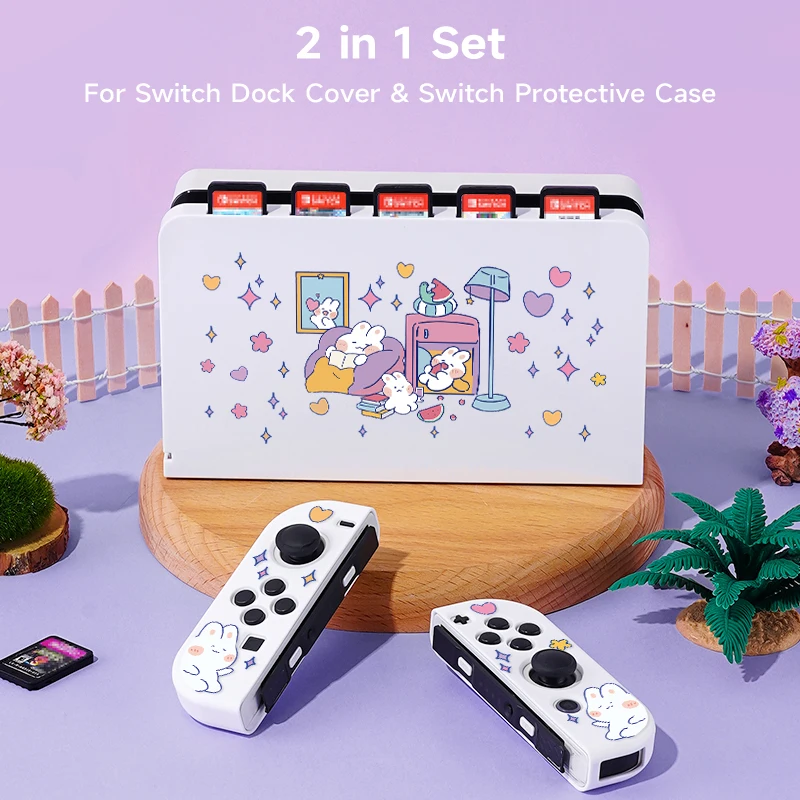 2 Pcs Cute Rabbit  Theme Pattern Protective Case with Base Cover Set for Switch OLED/Switch NS, Can Store 5 Game Cards