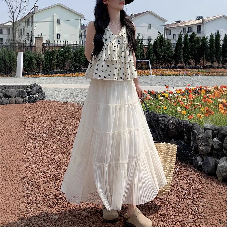 

8108 Белая полулетняя новая многослойная сетчатая юбка с эластичной резинкой на талии, крутая дышащая драпированная юбка трапециевидной формы