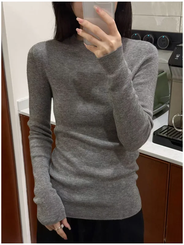 

Elegant Grey Long Sleeve Knitted Sweater Women's Autumn Winter Slim Fit Inner Wear Base Shirt Top Commute Style Half High Collar